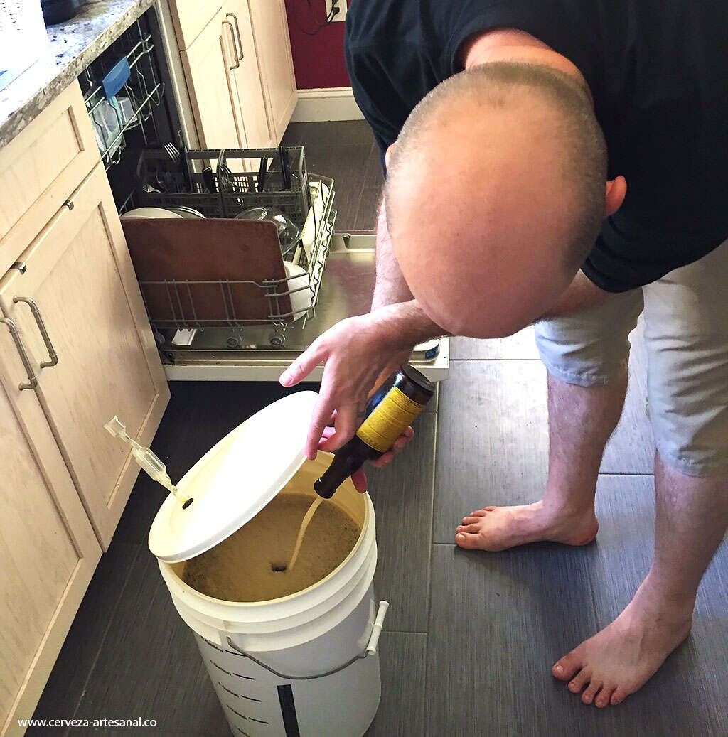 Mike agregando levadura de una cerveza acondicionada en cerveza al mosto recién hecho